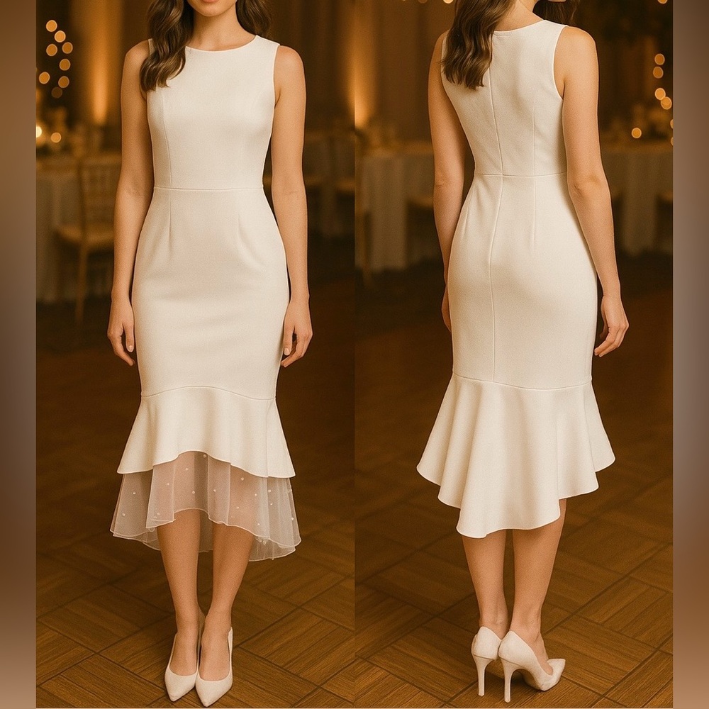 Ina Cream Asymmetrical Tiered Ruffled Sheath Dress